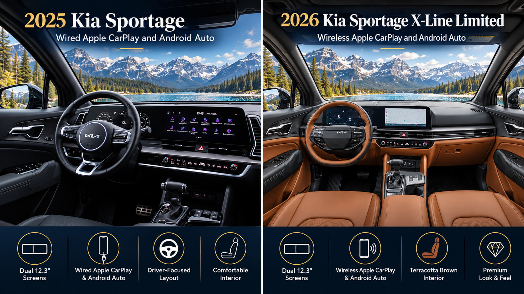 Side-by-side interior comparison of the 2025 and 2026 Kia Sportage, showing the 2025 black cabin with wired Apple CarPlay and Android Auto and the 2026 X-Line Limited terracotta-brown interior with wireless connectivity, digital displays, and mountain scenery through the windshields.