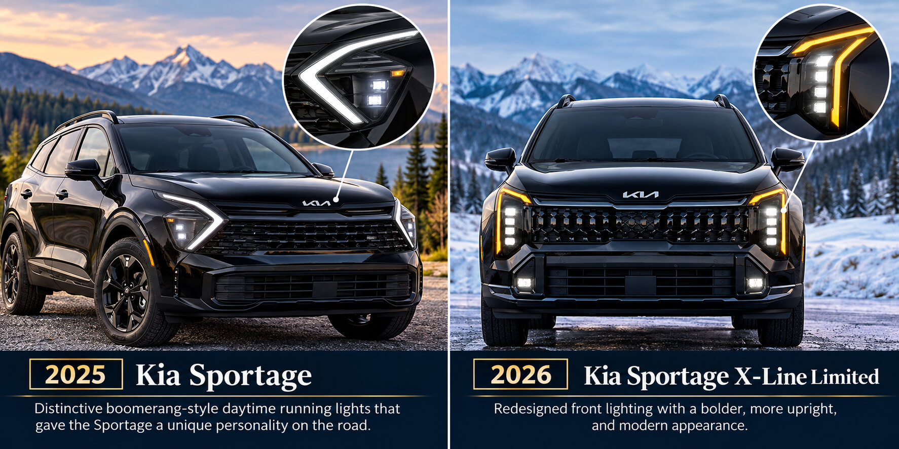 Side-by-side comparison of black 2025 and 2026 Kia Sportage SUVs, highlighting the 2025 boomerang-shaped daytime running lights and the redesigned vertical LED lighting on the 2026 X-Line Limited.