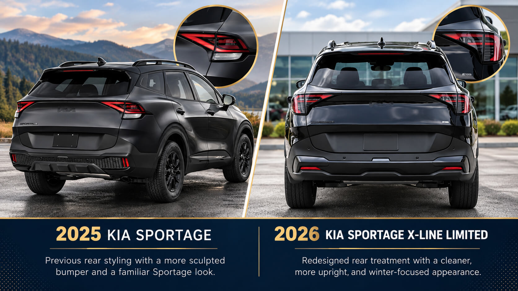 Side-by-side rear design comparison of black 2025 and 2026 Kia Sportage SUVs, showing differences in the rear bumpers, LED taillights, and lower trim.