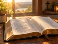 Open Bible resting on a wooden table, illuminated by warm golden sunlight streaming through a window, symbolizing God's Word as the foundation of spiritual growth.