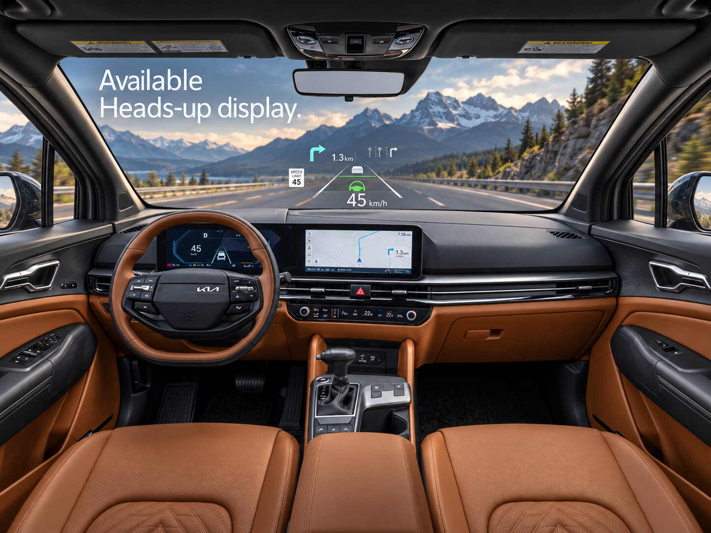 Illustration of the 2026 Kia Sportage X-Line Limited terracotta-brown interior with a head-up display projecting speed, navigation directions, lane guidance, and speed limit information onto the windshield against a Canadian mountain landscape.